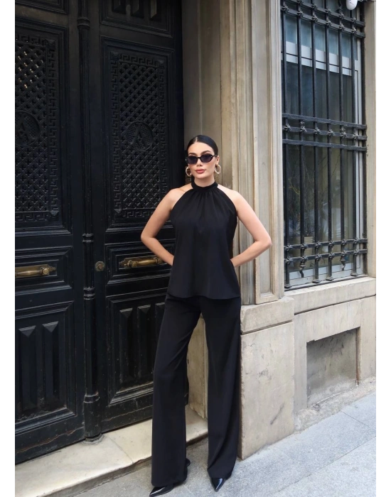 Halter Yaka Dokuma Bluz Palazzo Pantolon Takım – Kadın İkili Takım