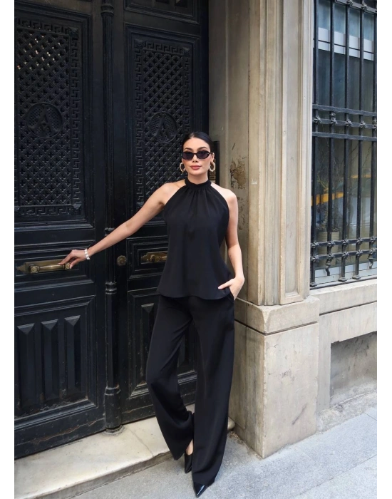 Halter Yaka Dokuma Bluz Palazzo Pantolon Takım – Kadın İkili Takım