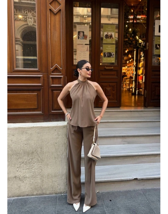 Halter Yaka Dokuma Bluz Palazzo Pantolon Takım – Kadın İkili Takım