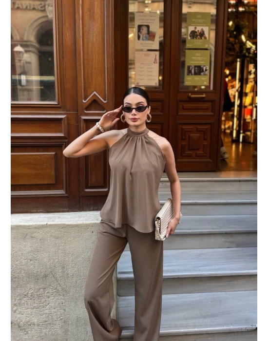 Halter Yaka Dokuma Bluz Palazzo Pantolon Takım – Kadın İkili Takım