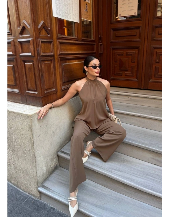 Halter Yaka Dokuma Bluz Palazzo Pantolon Takım – Kadın İkili Takım