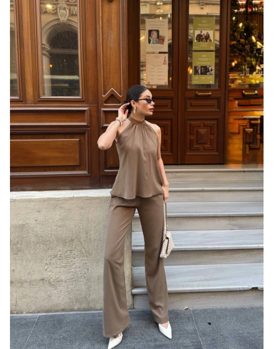 Halter Yaka Dokuma Bluz Palazzo Pantolon Takım – Kadın İkili Takım