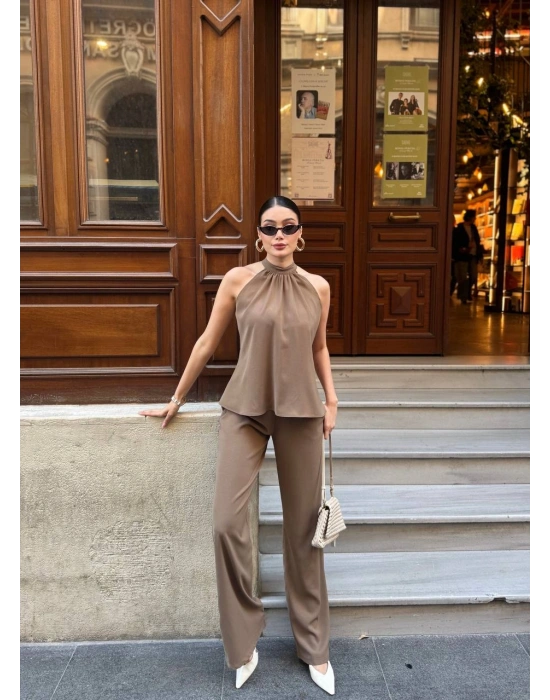 Halter Yaka Dokuma Bluz Palazzo Pantolon Takım – Kadın İkili Takım