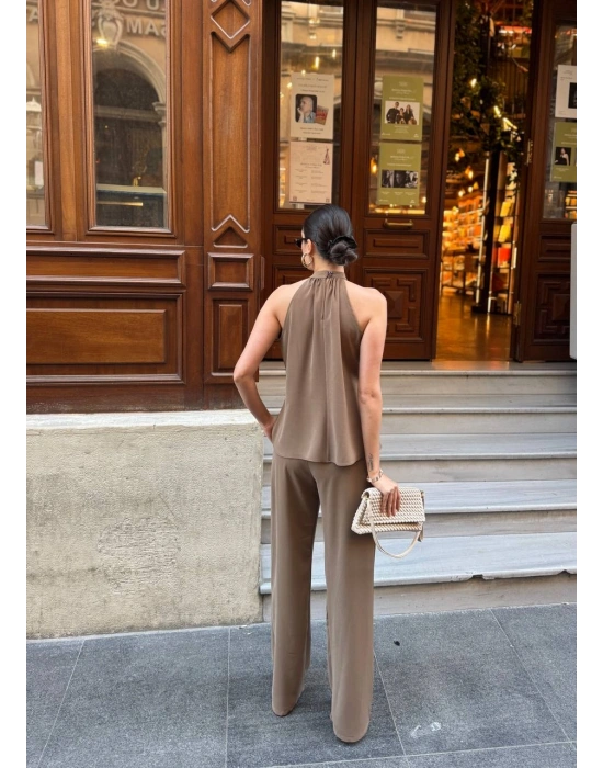 Halter Yaka Dokuma Bluz Palazzo Pantolon Takım – Kadın İkili Takım