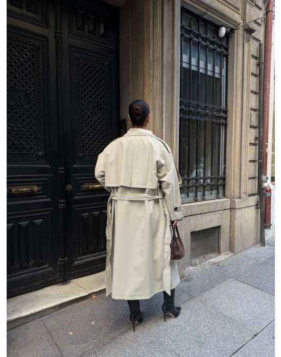 ALORA  Oversize Uzun Trençkot Kemerli Kadın Kaban - ZYRA