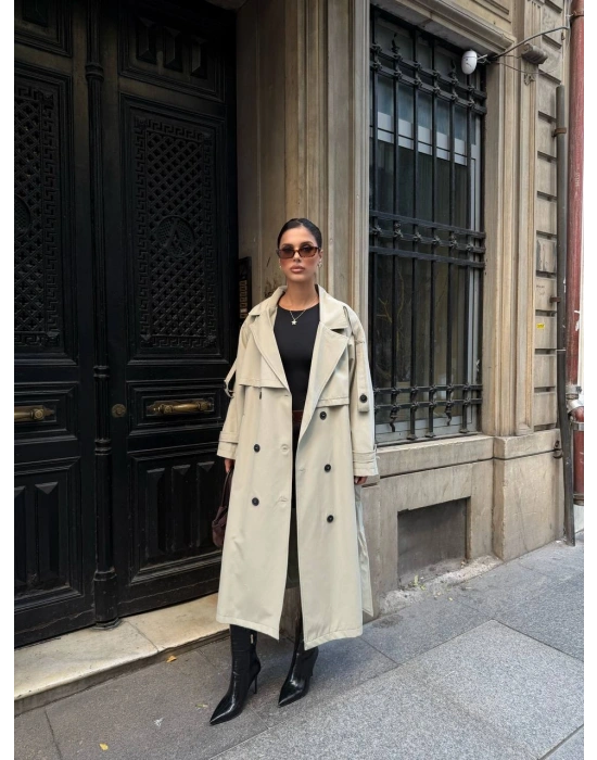 ALORA  Oversize Uzun Trençkot Kemerli Kadın Kaban - ZYRA