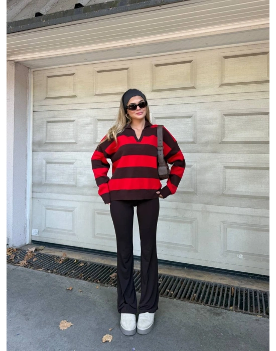 NOLA Çizgili Polo Yaka Oversize Triko Kazak