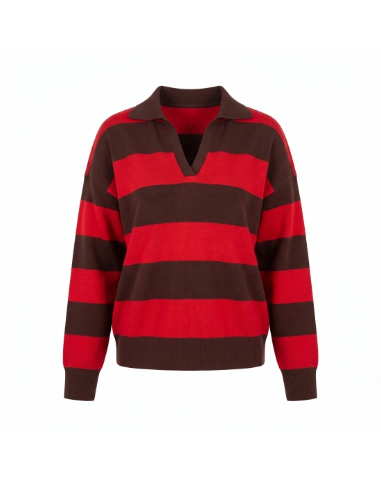 NOLA Çizgili Polo Yaka Oversize Triko Kazak