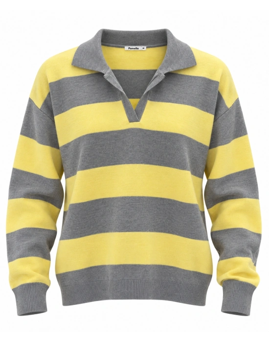 NOLA Çizgili Polo Yaka Oversize Triko Kazak