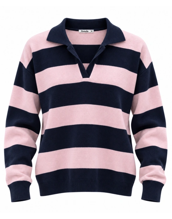 NOLA Çizgili Polo Yaka Oversize Triko Kazak