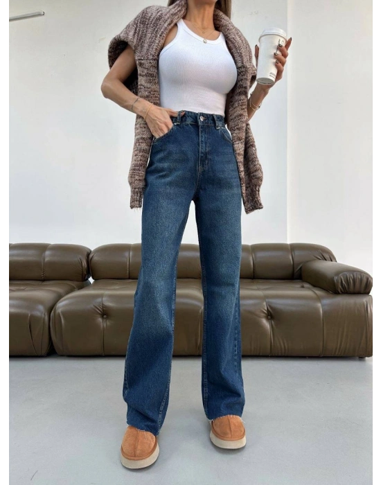 Yüksek Bel Wide Leg Kesik Paça Kot Pantolon – Koyu Yıkamalı Tint