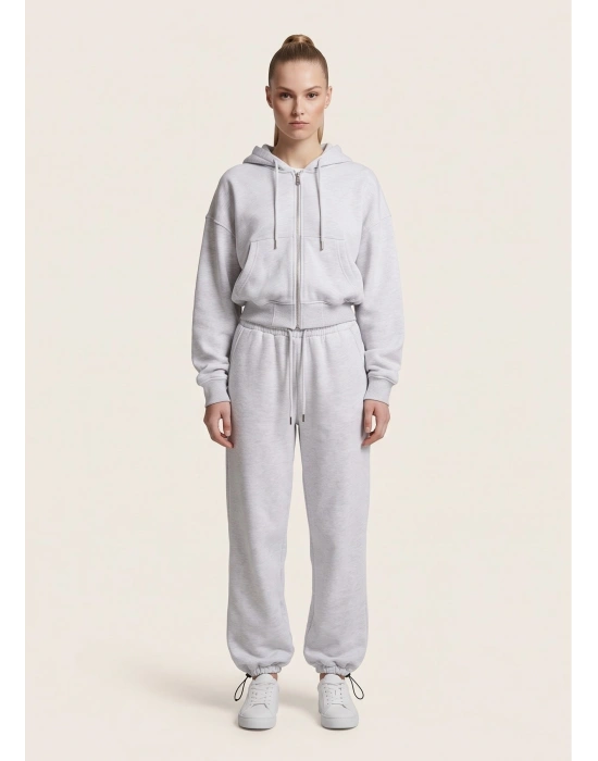 Kadın Oversize Fermuarlı Kapüşonlu Sweatshirt ve Stoperli Paça Eşofman Altı Takım