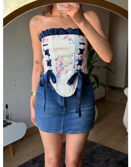 Çiçek Desenli Kurdele Bağlama Korse Bluz