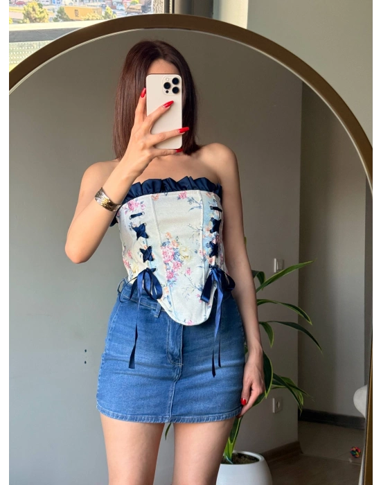Çiçek Desenli Kurdele Bağlama Korse Bluz