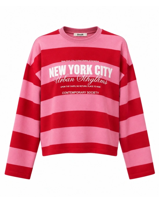Çizgili Oversize Sweatshirt Kırmızı Pembe - ZYRA