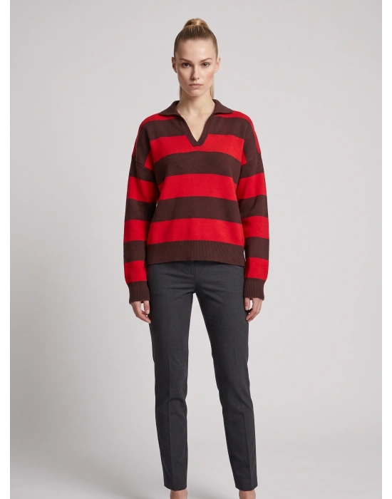 NOLA Çizgili Polo Yaka Oversize Triko Kazak