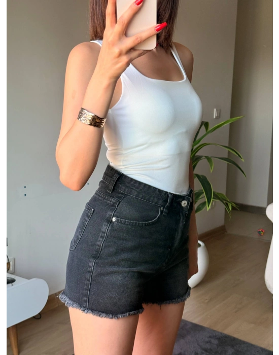 Yüksek Bel Siyah Püskül Detay Paça Denim Şort