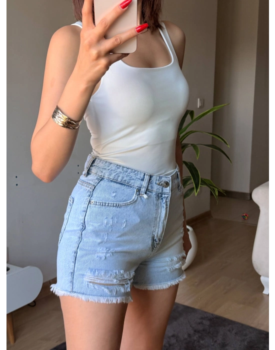 Yüksek Bel Yırtık Detaylı Açık Mavi Denim Şort