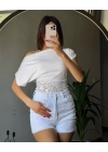Kadın Kayık Yaka Beli Dantelli Bluz | Madonna Yaka Günlük Şık Bluz-