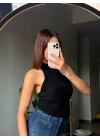 Kadın Halter Yaka Gofre Dokulu Esnek Bluz