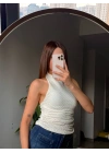Kadın Halter Yaka Gofre Dokulu Esnek Bluz