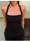 Halter Yaka Sırtı Açık Büzgülü Bluz | Kadın Crop Top V Yırtmaçlı Etek