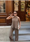 Halter Yaka Dokuma Bluz Palazzo Pantolon Takım – Kadın İkili Takım