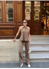 Halter Yaka Dokuma Bluz Palazzo Pantolon Takım – Kadın İkili Takım