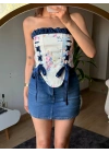 Çiçek Desenli Kurdele Bağlama Korse Bluz
