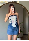 Çiçek Desenli Kurdele Bağlama Korse Bluz