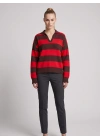 NOLA Çizgili Polo Yaka Oversize Triko Kazak