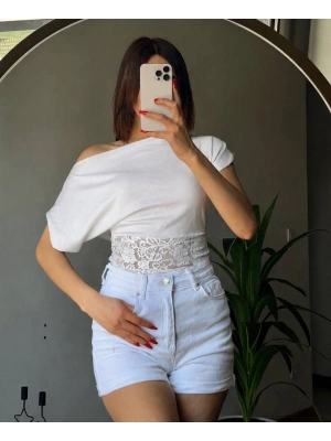Kadın Kayık Yaka Beli Dantelli Bluz | Madonna Yaka Günlük Şık Bluz-