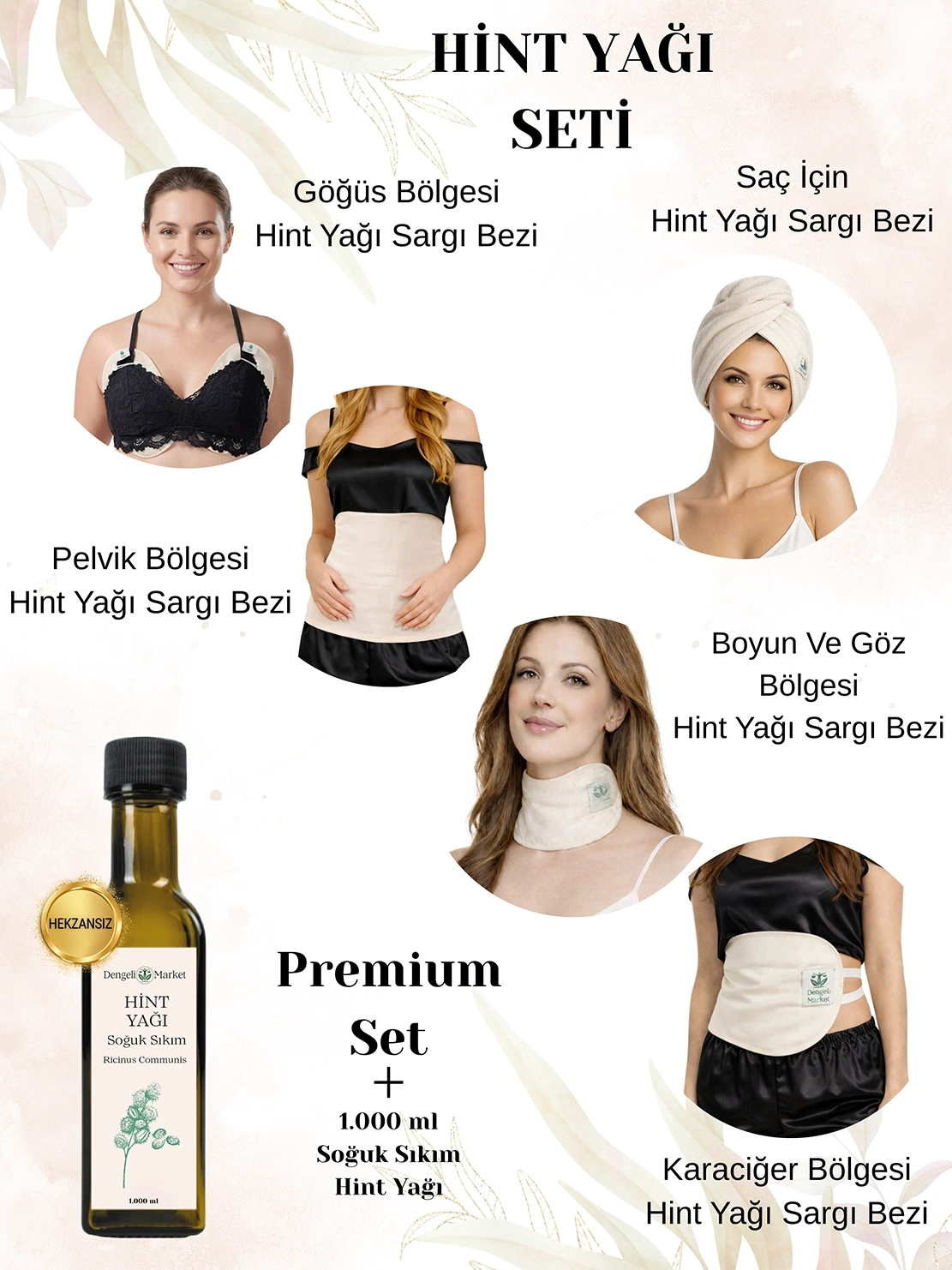 HİNT YAĞI SARGISI PREMIUM SET: KARACİĞER, PELVİK, BOYUN/GÖZ, SAÇ VE GÖĞÜS BÖLGESİ SARGI BEZİ + 1.000 ML HEKZANSIZ HİNT YAĞI
