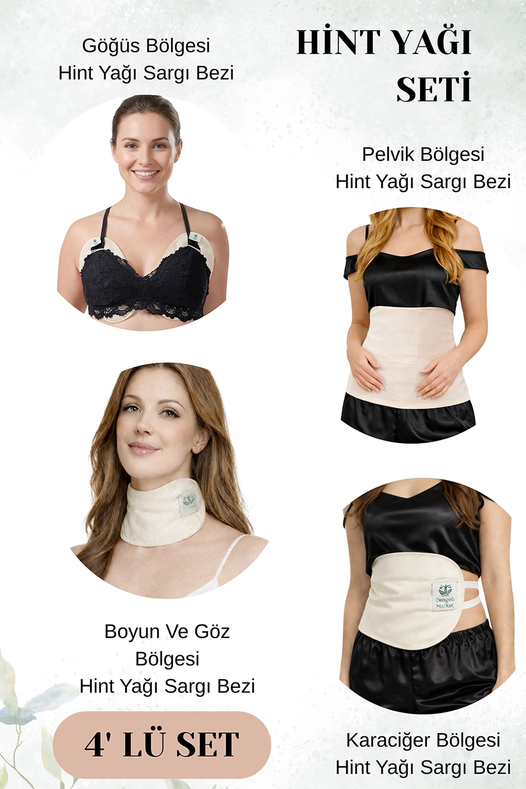 HİNT YAĞI SARGI BEZİ 4LÜ SET: KARACİĞER, PELVİK, BOYUN/GÖZ VE GÖĞÜS SARGI BEZİ, Pamuklu, Ergonomik