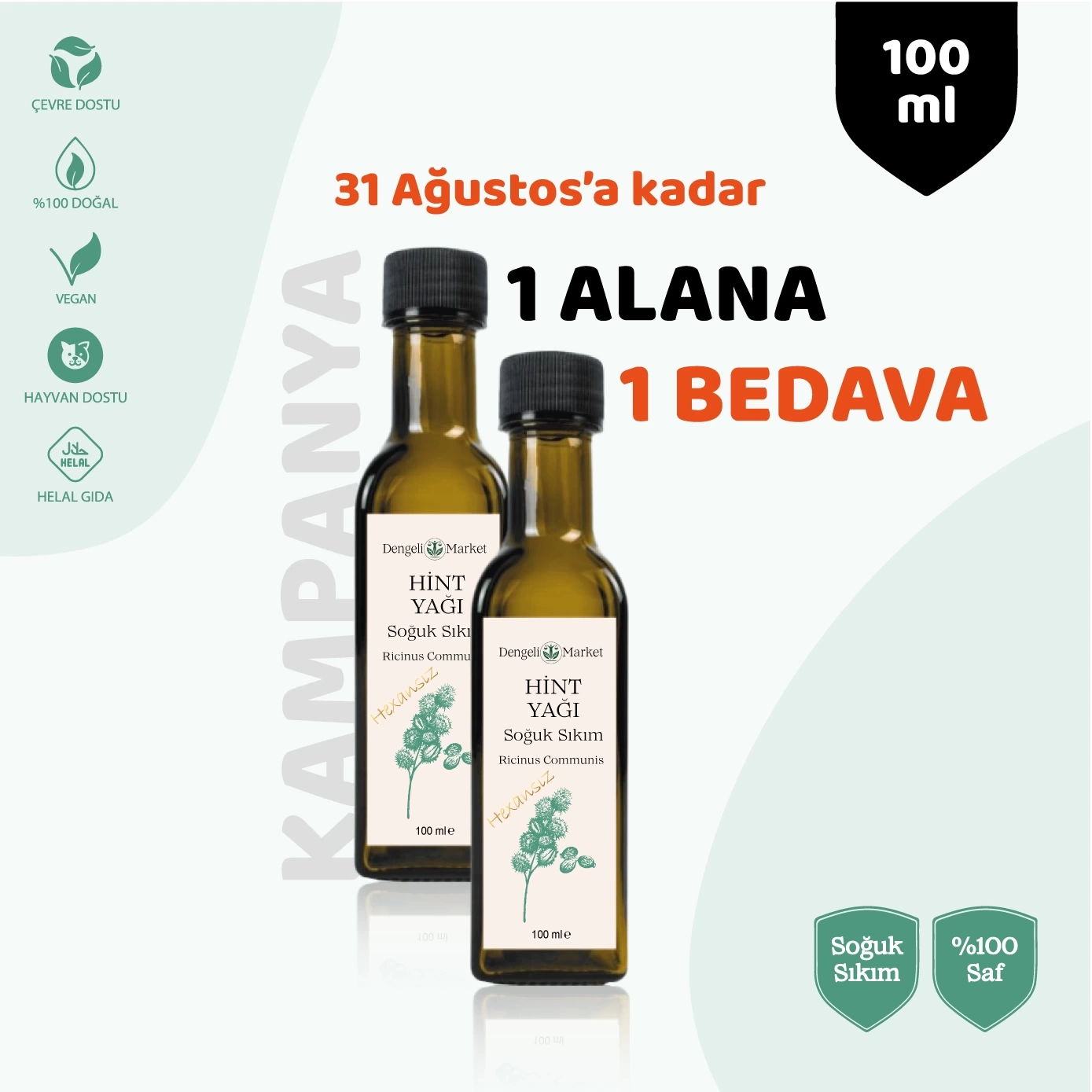 Hint Yağı / 100 ml. (HEXANSIZ) + 1 adet 100 ml Hint Yağı HEDİYE ! (31.08.2025e kadar)