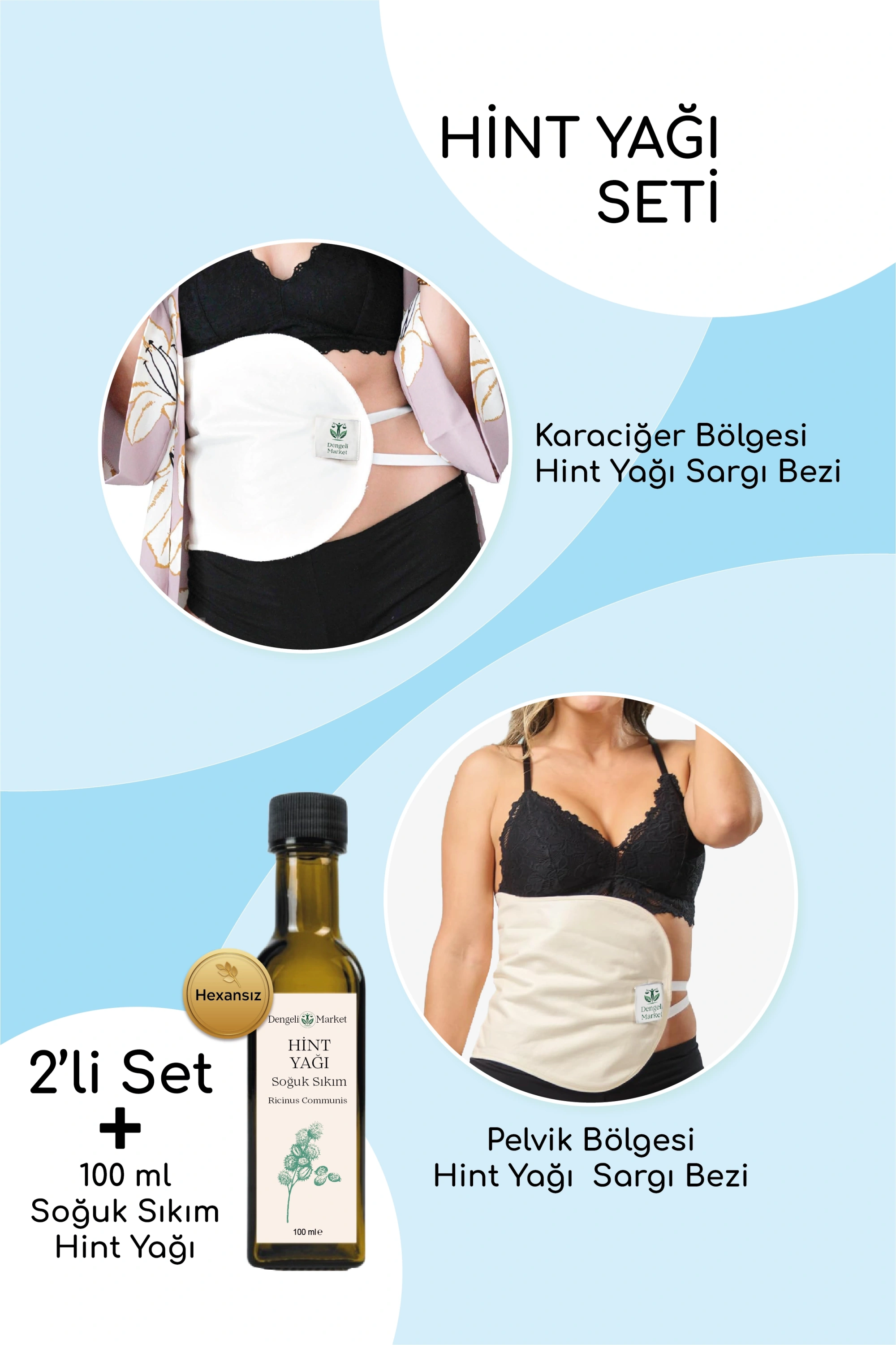 HİNT YAĞI SARGI BEZİ 2Lİ SET: KARACİĞER VE PELVİK SARGI BEZİ, Pamuklu, Çoklu Kullanım, Sızdırmaz + 100 ML HEKZANSIZ HİNT YAĞI