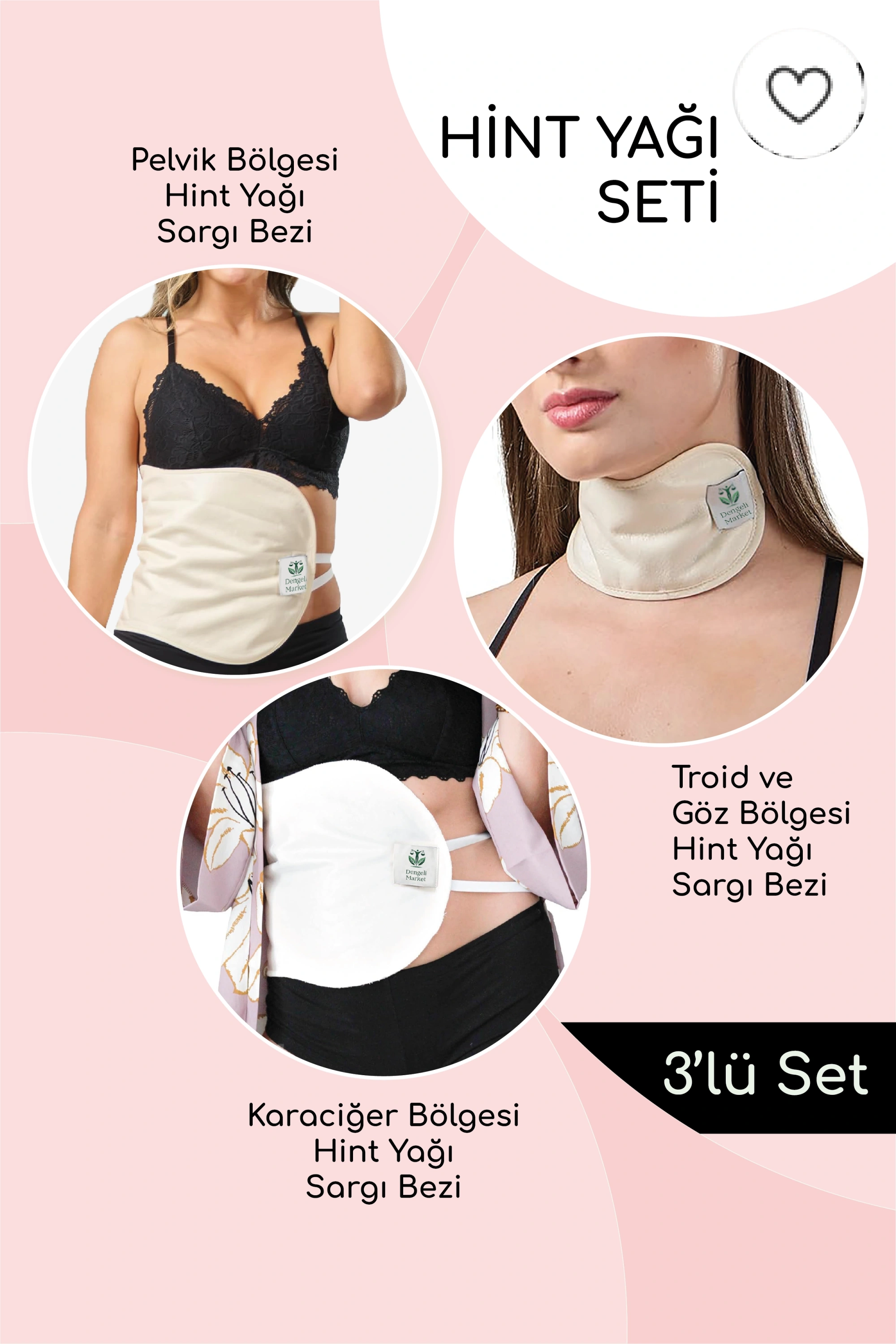 HİNT YAĞI SARGI BEZİ 3LÜ SET: KARACİĞER, PELVİK ve TİROİD/GÖZ SARGI BEZİ, Pamuklu, Çoklu Kullanım