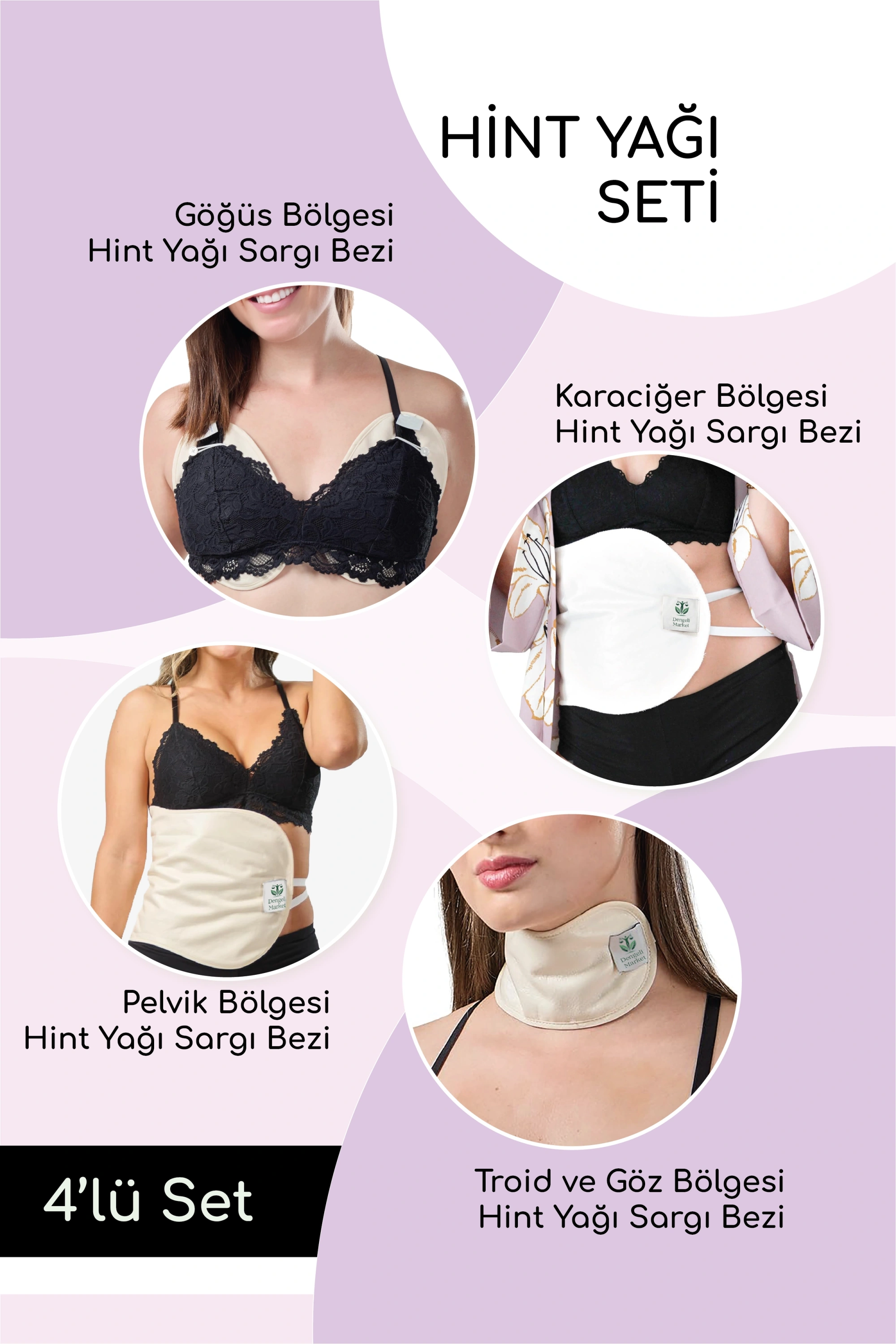 HİNT YAĞI SARGI BEZİ 4LÜ SET: KARACİĞER, PELVİK, TİROİD/GÖZ VE GÖĞÜS SARGI BEZİ, Pamuklu, Ergonomik