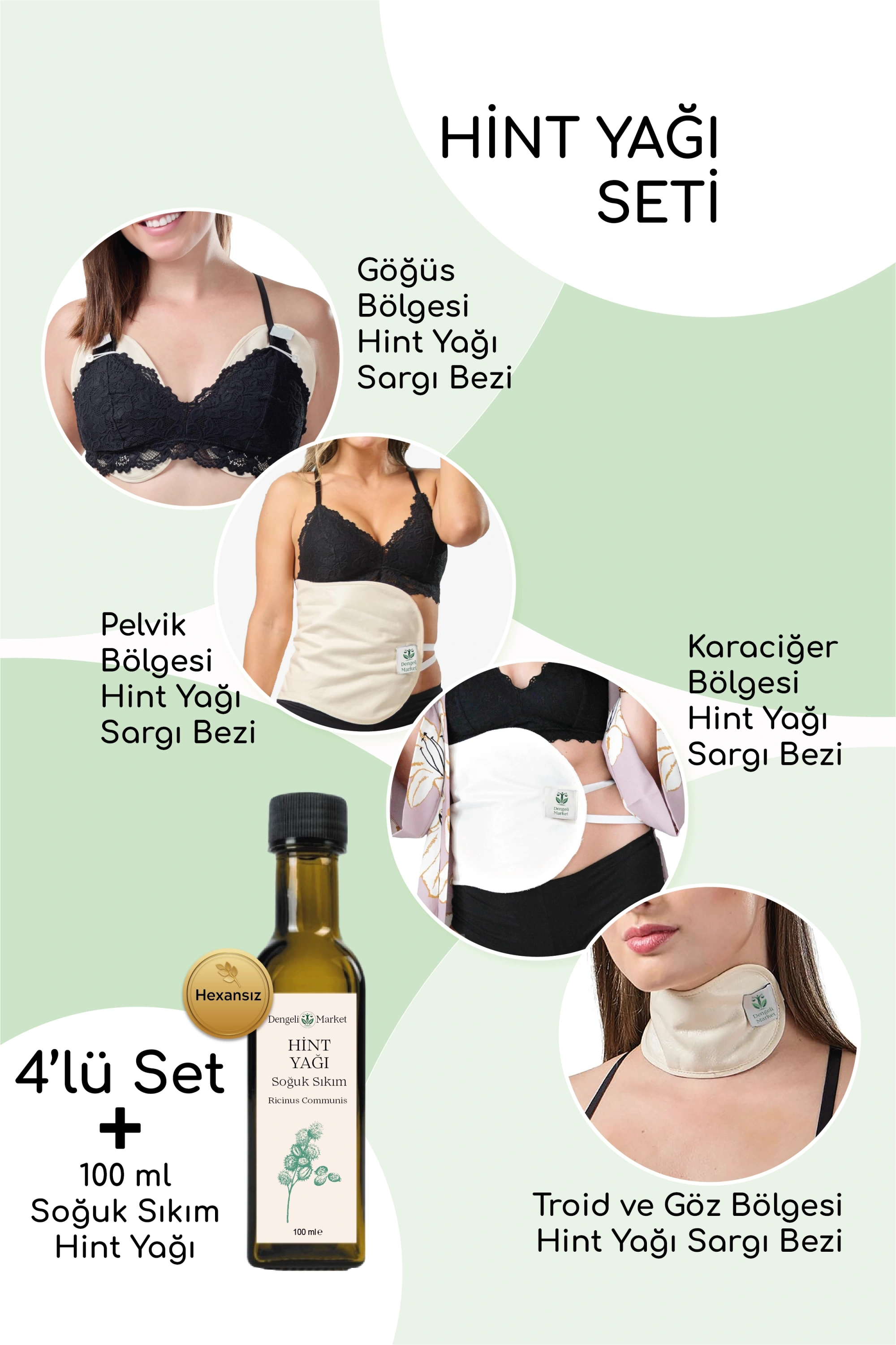 HİNT YAĞI SARGISI 4LÜ SET: KARACİĞER, PELVİK, TİROİD VE GÖĞÜS SARGI BEZİ+100 Ml HEXANSIZ HİNT YAĞI