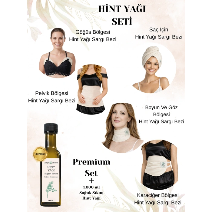 HİNT YAĞI SARGISI PREMIUM SET: KARACİĞER, PELVİK, BOYUN/GÖZ, SAÇ VE GÖĞÜS BÖLGESİ SARGI BEZİ + 1.000 ML HEKZANSIZ HİNT YAĞI
