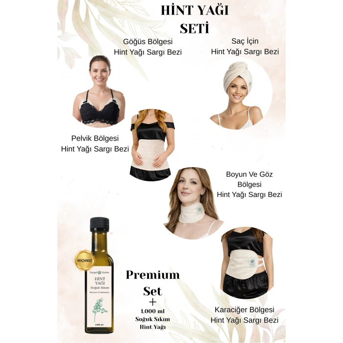HİNT YAĞI SARGISI PREMIUM SET: KARACİĞER, PELVİK, BOYUN/GÖZ, SAÇ VE GÖĞÜS BÖLGESİ SARGI BEZİ + 1.000 ML HEKZANSIZ HİNT YAĞI
