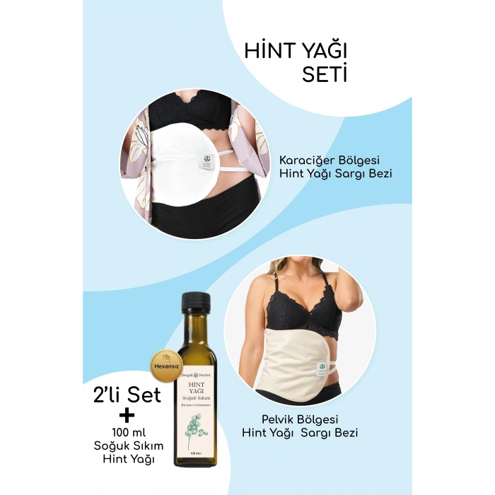 HİNT YAĞI SARGI BEZİ 2Lİ SET: KARACİĞER VE PELVİK SARGI BEZİ, Pamuklu, Çoklu Kullanım, Sızdırmaz + 100 ML HEKZANSIZ HİNT YAĞI