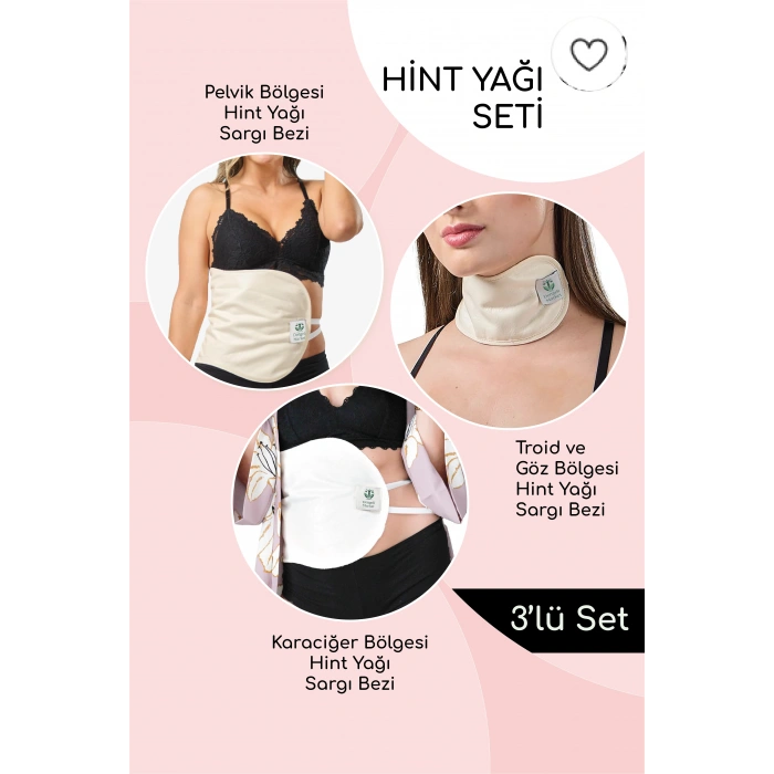 HİNT YAĞI SARGI BEZİ 3LÜ SET: KARACİĞER, PELVİK ve TİROİD/GÖZ SARGI BEZİ, Pamuklu, Çoklu Kullanım