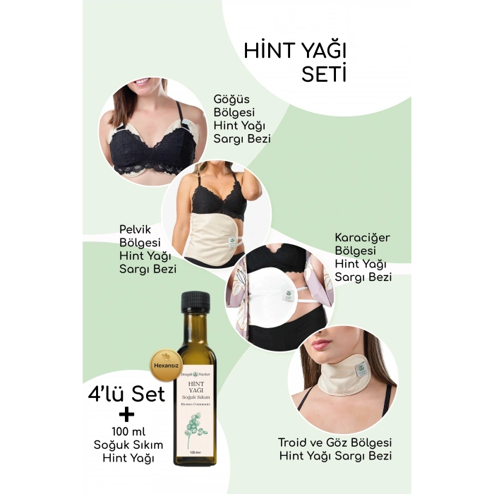 HİNT YAĞI SARGISI 4LÜ SET: KARACİĞER, PELVİK, TİROİD VE GÖĞÜS SARGI BEZİ+100 Ml HEXANSIZ HİNT YAĞI