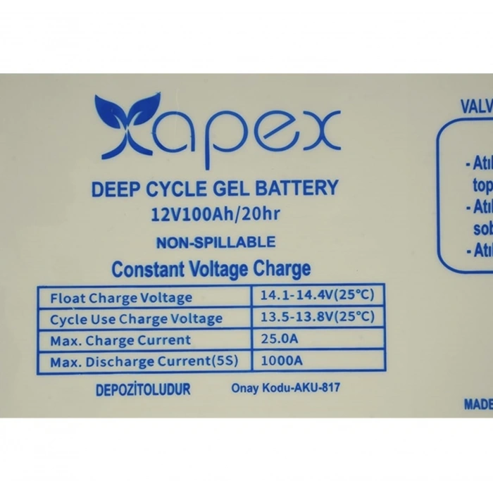 Apex 12V 100Ah Jel Akü