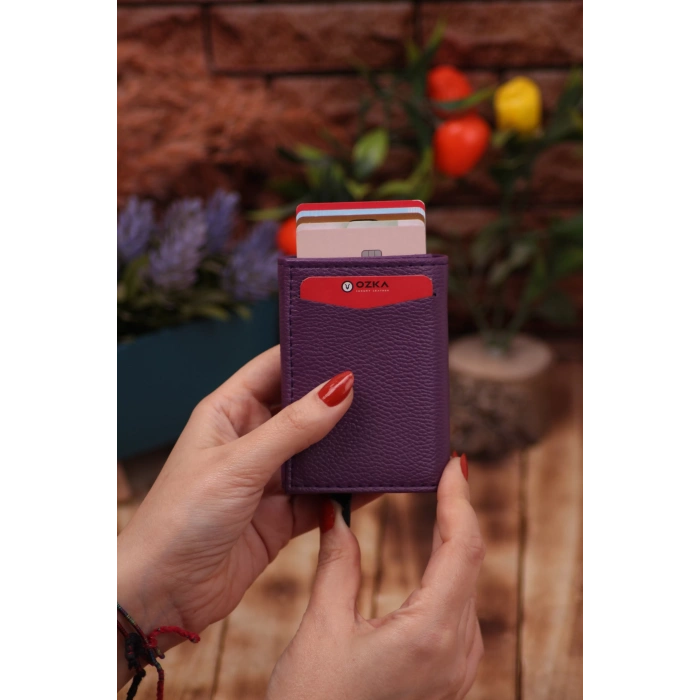 Suni Deri Mekanizmalı Vegan Deri Kartlık Cüzdan Portföy Mor Mürdüm