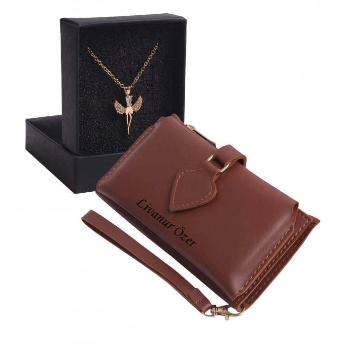 KİŞİYE ÖZEL TABA RENK MAÇA MODEL CÜZDAN & ELMASBAŞ KOLYE SET - ANAHTARLIK HEDİYELİ!