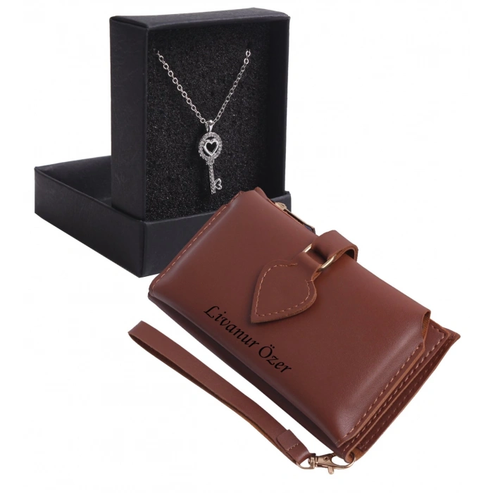 KİŞİYE ÖZEL TABA RENK MAÇA MODEL CÜZDAN & BEYAZ ANAHTAR KOLYE SET - ANAHTARLIK HEDİYELİ!