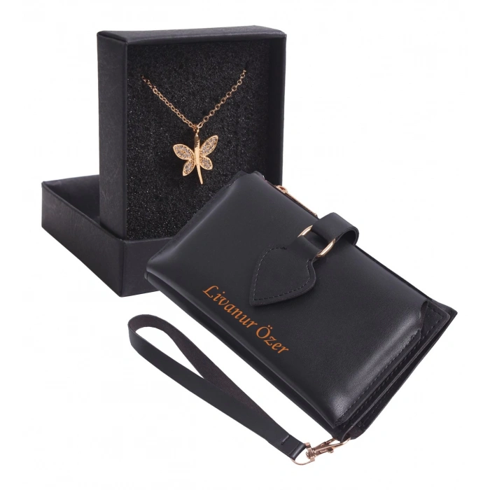 KİŞİYE ÖZEL SİYAH RENK MAÇA MODEL CÜZDAN & YUSUFÇUK KOLYE SET - ANAHTARLIK HEDİYELİ!