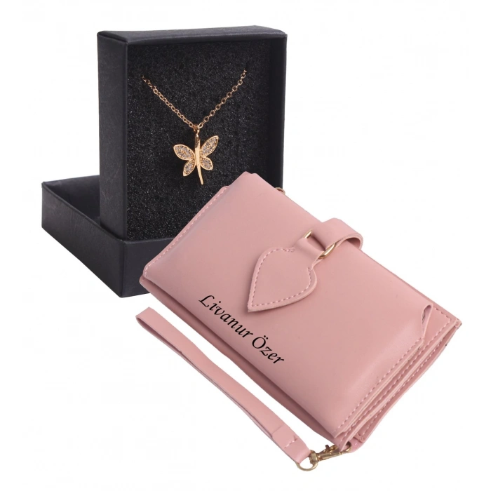 KİŞİYE ÖZEL PUDRA RENK MAÇA MODEL CÜZDAN & YUSUFÇUK KOLYE SET - ANAHTARLIK HEDİYELİ!